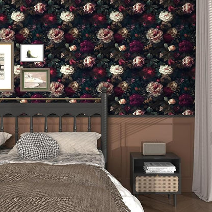 Fvlow Dark Black Floral Peel and Stick Wallpaper 17.4" x 394" Vintage Romantic Contact Paper Waterproof Self Adhesive Gothic Witchy Covering for Bedroom Cabinet Bathroom Abstract Art Home Decor Maroon