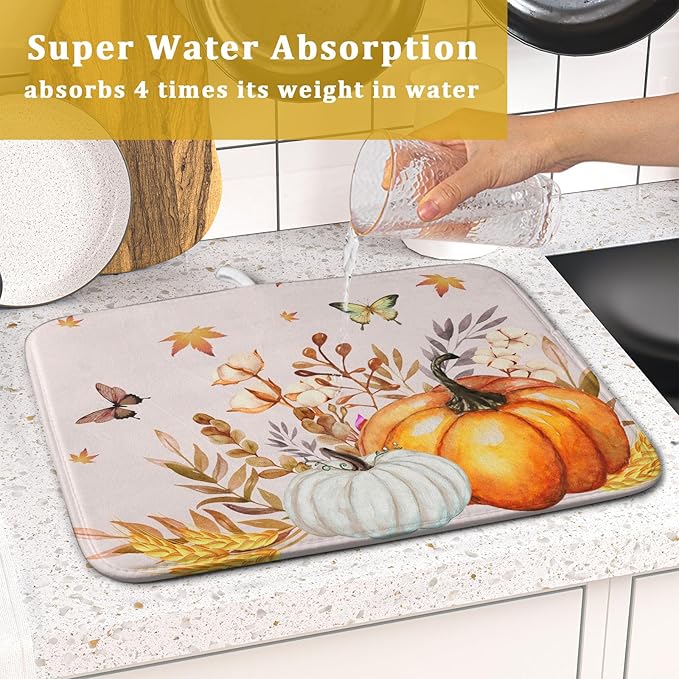 Fall Pumpkin Maple Dish Drying Mat for Kitchen Counter,Autumn Butterflies Harvest Drying Mat 16 x 18 Inch with Absorbent Reversible Microfiber Dish Drying Pad Dish Rack Drainer Mat for Coffee Bar
