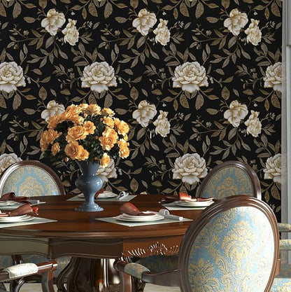 Floral Wallpaper Peel and Stick, Black/Golden/White Peony Flowers Contact Paper, Botanical Wall Paper Self Adhesive Waterproof Removable for Room Shelves Cabinet Drawer Table Decor 17.5" x 118"