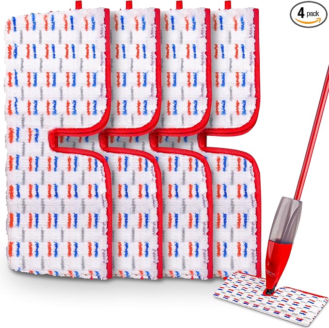 4 Pack Mop Refill Pads Compatible with O-Cedar ProMist MAX Spray Mop Reusable Pads Refills Microfiber Replacement Heads Dry Wet Use Double Sided Machine Washable for All Surface Floor Cleaning