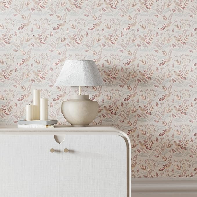 Vinjiasin Tropical Bird & Leaf Wallpaper, Boho Neutral Tone Contact Paper for Bedroom Living Room, Removable Waterproof Peel and Stick Wallpaper 17.7" x 78.7"