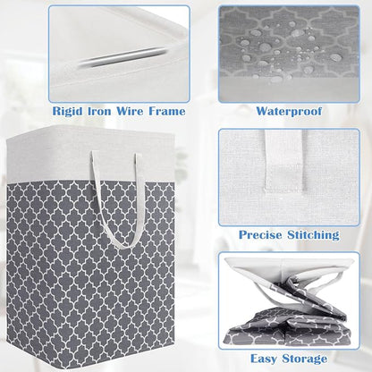 BlissTotes 3-Pack Laundry Basket, Freestanding＆Waterproof Laundry Hamper, Collapsible Tall Clothes Hamper with Easy Carry Handles for Clothes, Towels in the Family and Dorm,Clover Grey,75L