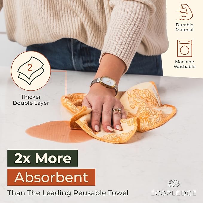 Reusable Paper Towels Washable Roll - Thick 12-pc Two Layered Ultra Absorbent Paperless Certified Organic Cotton Towels - Large Cloth Kitchen Paper Towel with Hanging Loop