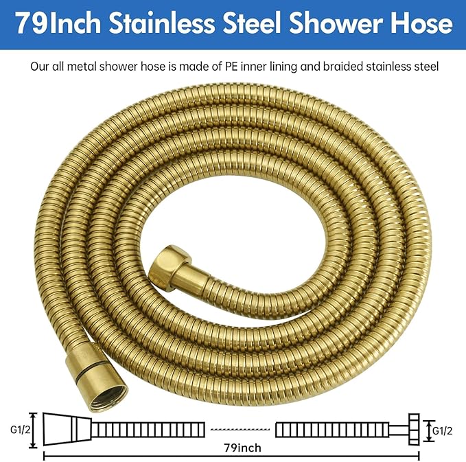 RUMOSE 79 inches Shower Hose Extra Long Stainless Steel Shower Tube Attachment Flexible Handheld Shower Sprayer Hose, Brushed Gold