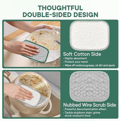 Innovative Dishwashing Cloth 2 Layers(Soft Cotton Layer and Nubbed Wire Scrub Layer)Dish Cloth with Hanging Rope Ideal for Kitchen Cleaning and Housekeeping to Clean Dishes Cookware Sinks Countertops