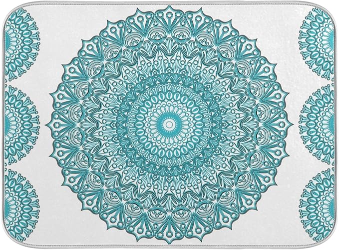 Super Absorbent Dish Drying Mat, Microfiber Fast-Drying Dish Mat, 16" x 18", Kitchen Dish Drying Pad, Boho Ethnic Turquoise Mandala