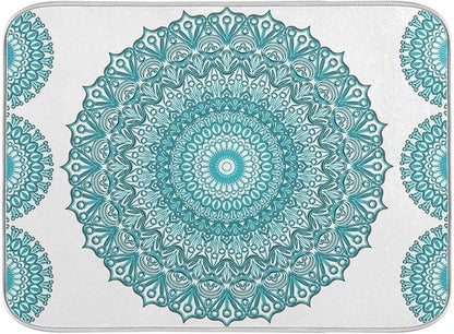 Super Absorbent Dish Drying Mat, Microfiber Fast-Drying Dish Mat, 16" x 18", Kitchen Dish Drying Pad, Boho Ethnic Turquoise Mandala