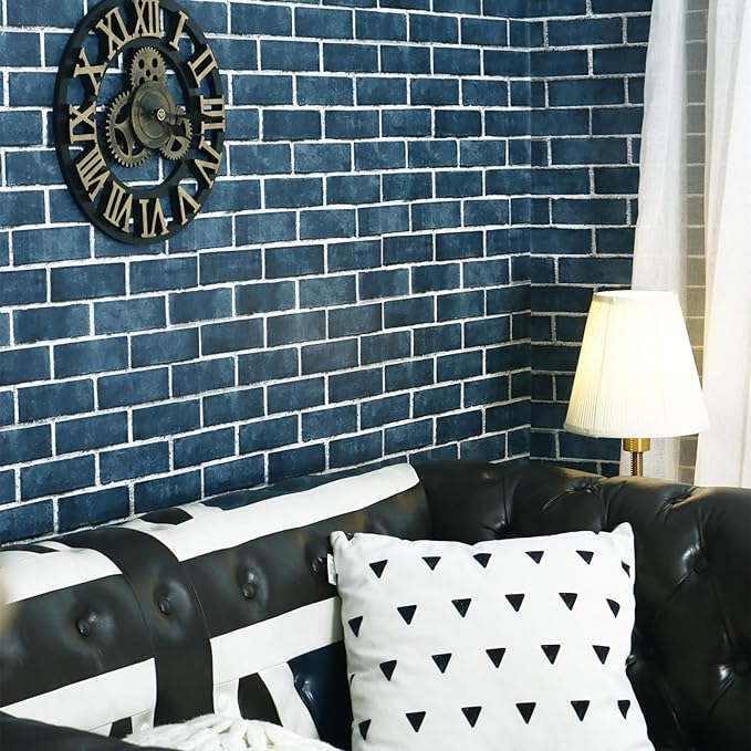 HeloHo 17.7" X 118" Blue Brick Wallpaper Peel and Stick Self-Adhesive Removable Wall Paper Brick 3D Textured Wallpaper for Kitchen Backsplash Living Room Bedroom Decor