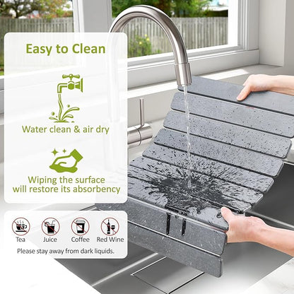 Large Stone Dish Drying Mat for Kitchen Counter, 24"(L)×16"(W), Collapsible Quick Dry Stone Dish Mats, Super Absorbent Diatomaceous Earth Drying Pad for Dishes Bottles Cups, Countertops (Light Grey)
