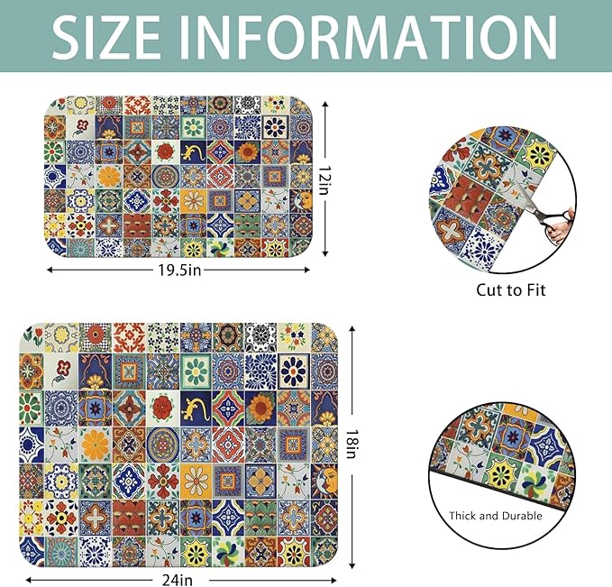 Dish Drying Mat for Kitchen Counter 2 Pack with Non-Slip Rubber Backing - Heat-Resistant Absorbent Coffee Bar Mat, Dish Rack Mat, Talavera Mexican Tiles Dish Drying Mats 18x24+19.5x12 inch