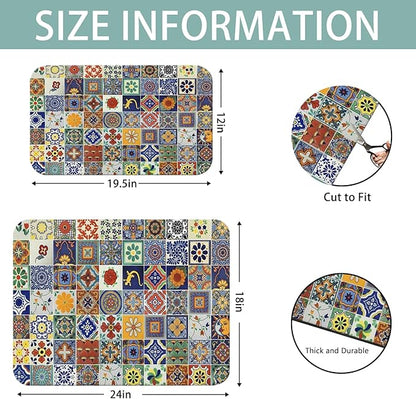 Dish Drying Mat for Kitchen Counter 2 Pack with Non-Slip Rubber Backing - Heat-Resistant Absorbent Coffee Bar Mat, Dish Rack Mat, Talavera Mexican Tiles Dish Drying Mats 18x24+19.5x12 inch