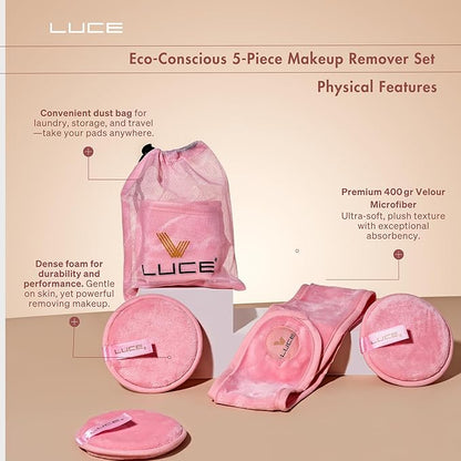 LUCE Makeup Remover Pads Reusable – First Velour Microfiber Makeup Remover Cloth, Eco-Friendly Washable Design, Ultra-Soft for All Skin Types