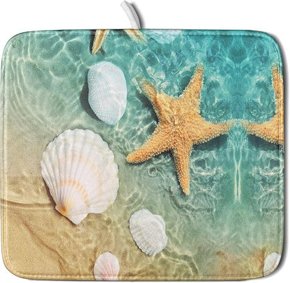 Summer Beach Style Dish Drying Mat for Kitchen Counter,Starfish and Seashell Drying Mat 16 x 18 Inch with High Absorbent Reversible Microfiber Dish Drying Pad Drainer Mat for Coffee Bar