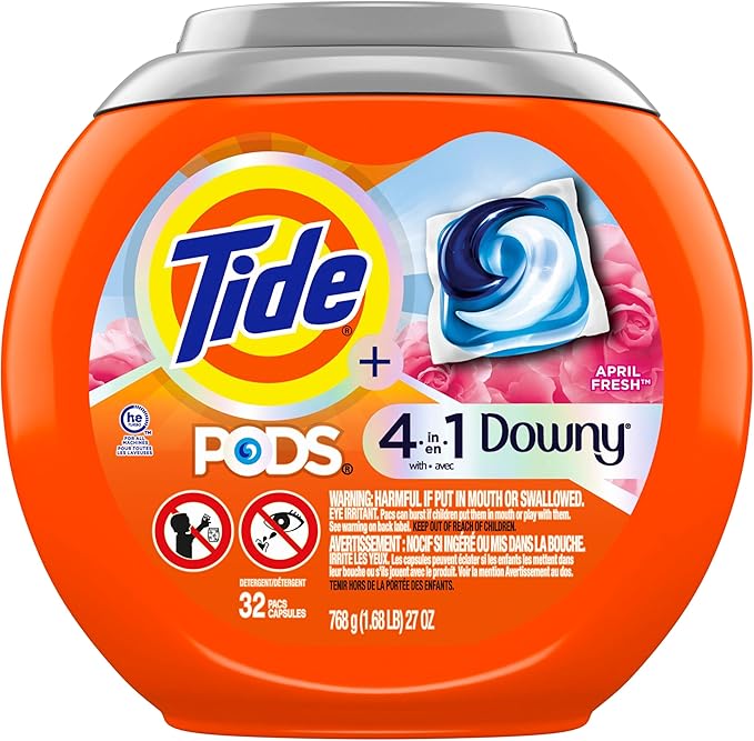 Tide PODS Laundry Detergent soap with a touch of Downy 4-in-1 Detergent, 32 Count, Stain Remover, Freshness, Softness, Fabric Protecter, HE Compaible