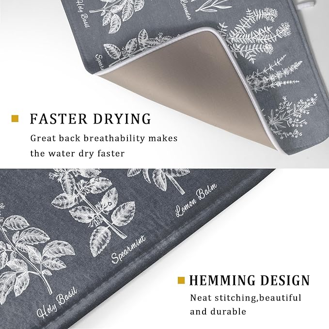 Flower Herbs Dish Drying Mat Wild Plant Dish Rack Mat with Hanging Loop Fast Dry Dish Drainer Pad for Kitchen Counter Sink 18x24 Inch