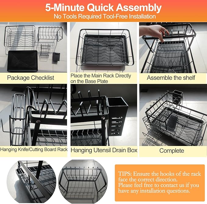 2-Tier Stainless Steel Dish Drying Rack with Drainboard - Utensil & Cutting Board Holder, Kitchen Counter Organizer Dish Drainer for Plates Bowls Cups Silverware, Space-Saving Functional, Matte Black