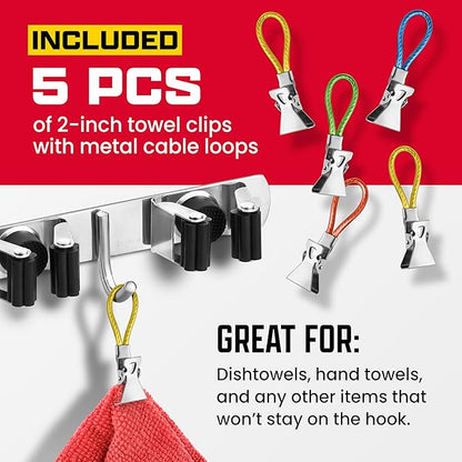 Mop and Broom Holder Wall Mount – Self-Adhesive Stainless Steel broom hanger organizer – 4 Clamps, 3 Hooks, 5 Towel Hanging Clips Mounting Screws – Holds Up to 40 Lbs