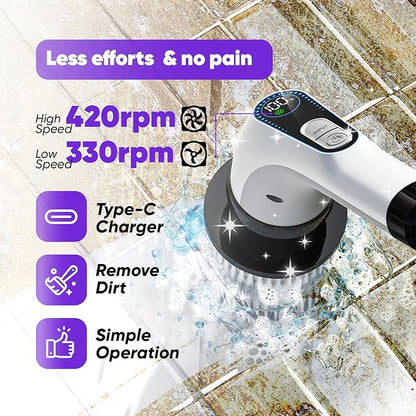 Electric Spin Scrubber Cordless – Powerful Bathroom Cleaning Brush with Long Handle, 2 Speeds, 3000mAh Rechargeable, 7 Brush Heads, Wall Hanger & Crevice Tools – Shower, Tub & Tile Cleaner