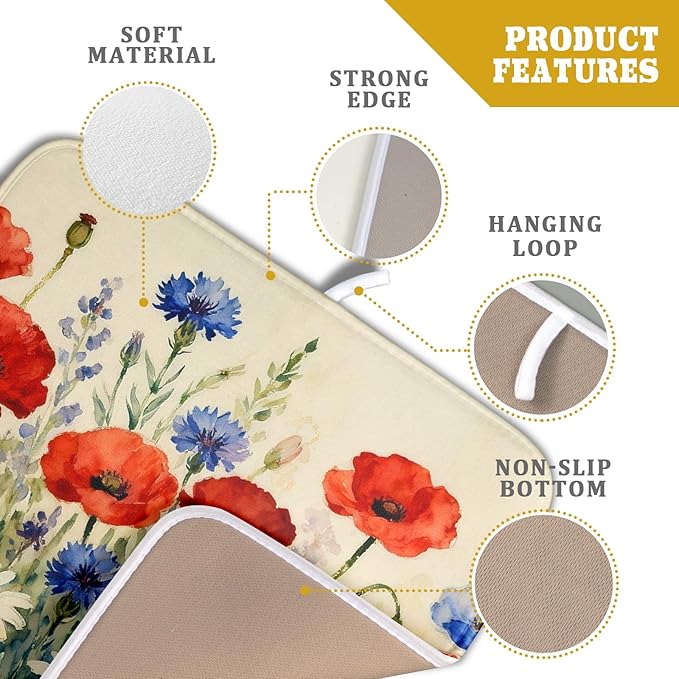 4th of July Dish Drying Mat for Kitchen Counter 16x18 Red Blue White Patriotic Floral Memorial Day Holiday Absorbent Reversible Microfiber Drying Mats Kitchen Countertop Protector Dishes Drainer Pad