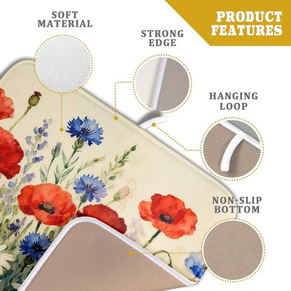 4th of July Dish Drying Mat for Kitchen Counter 16x18 Red Blue White Patriotic Floral Memorial Day Holiday Absorbent Reversible Microfiber Drying Mats Kitchen Countertop Protector Dishes Drainer Pad