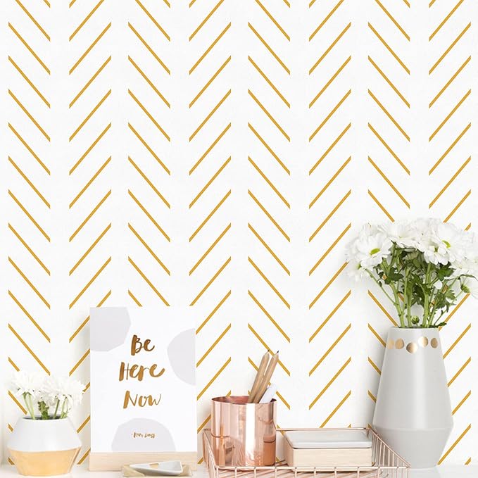 Orainege Yellow and White Peel and Stick Wallpaper Yellow Contact Paper 17.7 in x393.7 in Herringbone Geometric Wall Paper Peel and Stick Modern Lines Decorative Self Adhesive Wallpaper for Bedroom