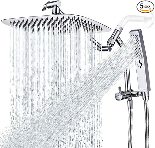 G-Promise All Metal 12 Inch Shower Head with Massage Mode Handheld, Rain Shower Head with Handheld Spray Combo, 3-Way Diverter with Pause Setting, 11 Inch Adjustable Extension Arm (Chrome)