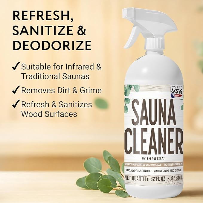 IMPRESA 32oz Sauna Cleaning Spray – All Purpose Eucalyptus Wood Cleaner Spray for Home Sauna, Spa, Steam Room & Gym – Natural Multipurpose Surface Cleaner Bottle – Gentle Ingredients Tough on Grime