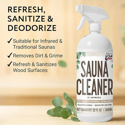 IMPRESA 32oz Sauna Cleaning Spray – All Purpose Eucalyptus Wood Cleaner Spray for Home Sauna, Spa, Steam Room & Gym – Natural Multipurpose Surface Cleaner Bottle – Gentle Ingredients Tough on Grime