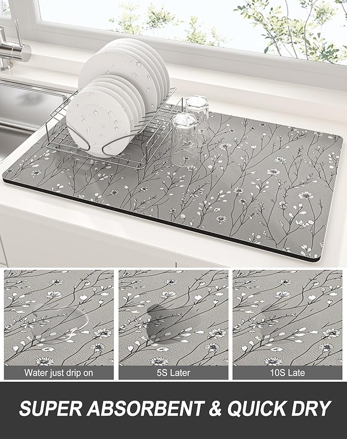 Rnivvi Dish Drying Mat for Kitchen Counter, XL 15 x 24" Cute Flower Theme Absorbent Draining Pad, Non-Slip Heat Resistant Coffee Bar Mats for Coffee Machine Station Accessories, Grey Dish Rack Pad