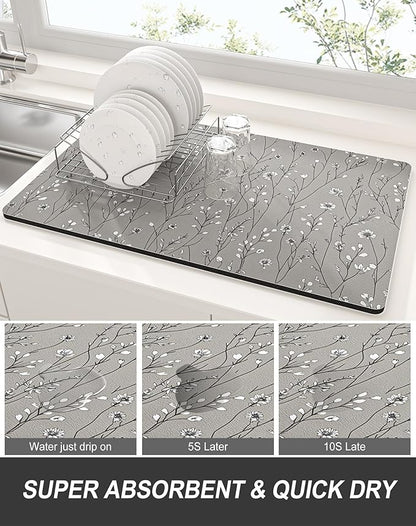 Rnivvi Dish Drying Mat for Kitchen Counter, XL 15 x 24" Cute Flower Theme Absorbent Draining Pad, Non-Slip Heat Resistant Coffee Bar Mats for Coffee Machine Station Accessories, Grey Dish Rack Pad