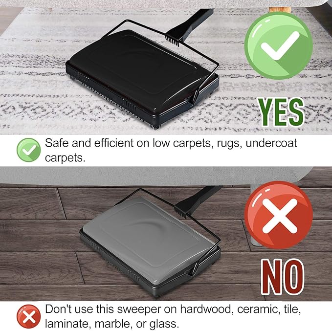 Yocada Carpet Sweeper Cleaner 4 Poles for Home Office Low Carpets Rugs Undercoat Carpets Pet Hair Dust Scraps Paper Small Rubbish Cleaning with a Brush Black
