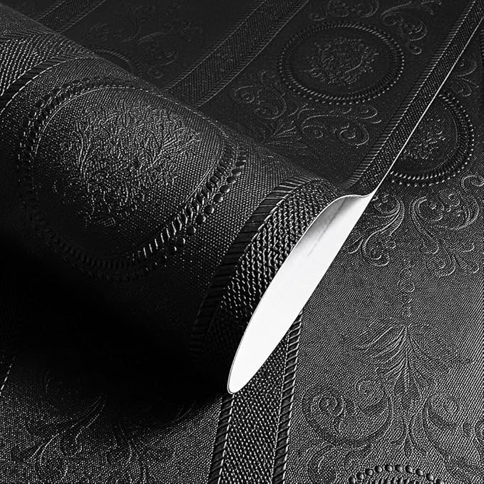 JiffDiff Wallpaper Peel and Stick Textured, 3D Black Embossed Wall Paper Stick on Wallpaper Modern Waterproof Self Adhesive Contact Paper(17.3" x 120")