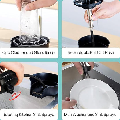 2-in-1 Glass Rinser & Sink Sprayer Attachment – High Pressure Cup Washer for Kitchen Sink – Matte Black Bottle Cleaner -Stainless Steel Cup Cleaner (Fits Standard Counter Holes)