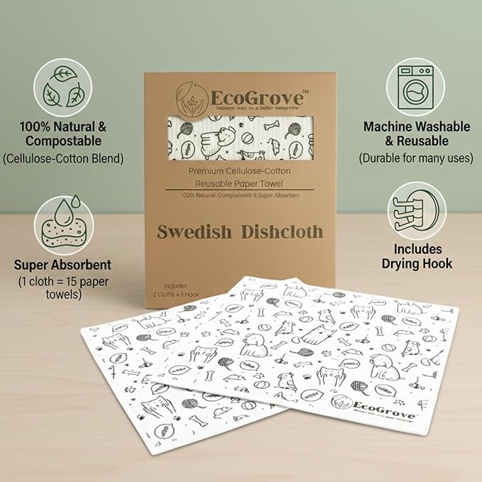 Swedish Dishcloths 2-Pack – Swedish Dish Cloths for Kitchen – Sweedish Dish Towel Alternative – Reusable Paper Towels Washable – Reuseable Cleaning Cloths – Reusable Dish Cloths with Hook