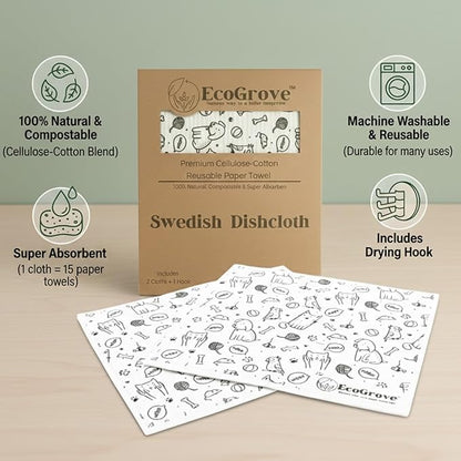 Swedish Dishcloths 2-Pack – Swedish Dish Cloths for Kitchen – Sweedish Dish Towel Alternative – Reusable Paper Towels Washable – Reuseable Cleaning Cloths – Reusable Dish Cloths with Hook