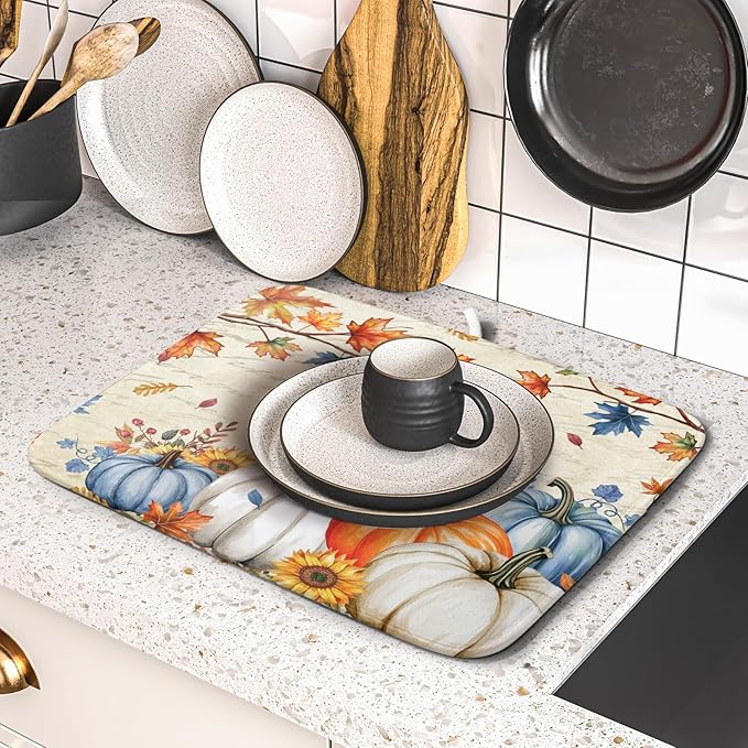 Fall Pumpkin Dish Drying Mat for Kitchen Counter 16x18 Inch Vintage Autumn Thanksgiving Absorbent Reversible Microfiber Dish Drainer Rack Mats Countertops Protector Mat