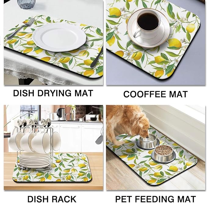 Dish Drying Mat for Kitchen Counter 2 Pack with Non-Slip Rubber Backing - Heat-Resistant Absorbent Coffee Bar Mat, Dish Rack Mat, Lemon Dish Drying Mats 18x24+19.5x12 inch