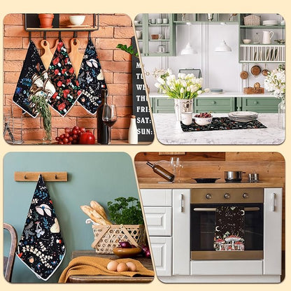 Zubebe 6 Pcs Mushroom Kitchen Towel Set - Vintage Black Dish Towels 18 x 28 Inch - Poster Style Hand Towels - Colorful Rustic Tea Towels for Cooking Baking - Housewarming Gift