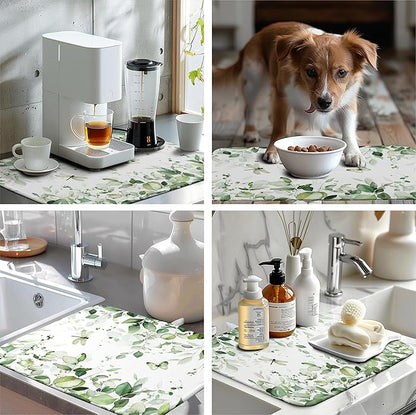 Sage Green Leaf Dish Drying Mat for Kitchen Counter Spring Eucalyptus Leaves Drying Mats Summer Floral Microfiber Absorbent Dishes Pad Reversible Washable Dish Drainer Rack Mat Large 18x24 Inch