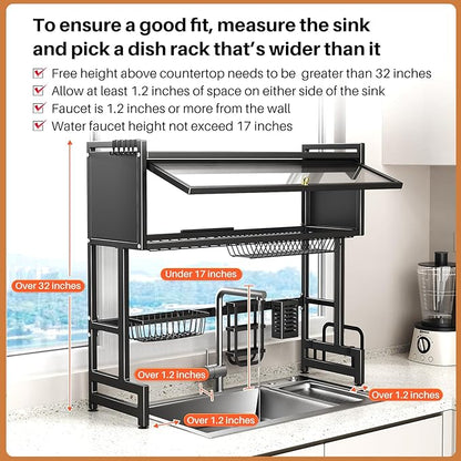 Over The Sink Dish Drainer Drying Rack 3 Tiers with Cover, Keep Kitchen Sink Shlef Organized Space-Saving Dish Drying Rack, Large Stainless Steel Sink Dish Rack for Dishes, Bowls, Cutlery (37.4"w)