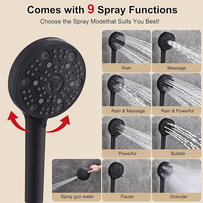 12 Inch Rain Shower Head High Pressure Dual Shower Heads Rainfall Showerhead with 9 Sprays Handheld Spray Combo & 70"Long Fixed Showerheads Hose, Matte Black Bathroom Accessories