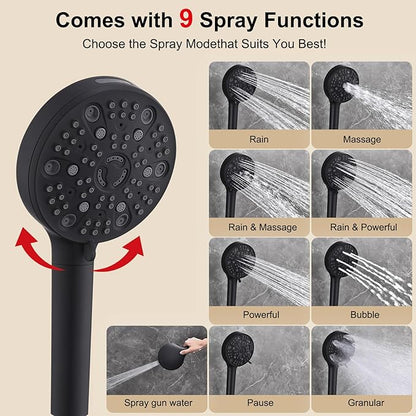 12 Inch Rain Shower Head High Pressure Dual Shower Heads Rainfall Showerhead with 9 Sprays Handheld Spray Combo & 70"Long Fixed Showerheads Hose, Matte Black Bathroom Accessories