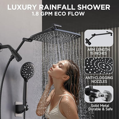 Veken Wide High Pressure Rain Shower Head with Handheld, Handheld Shower Heads with Multi Spray Modes, Rainfall Combo with 15" Metal Extension Arm, Detachable Dual Shower, 1.8GPM, Matte Black