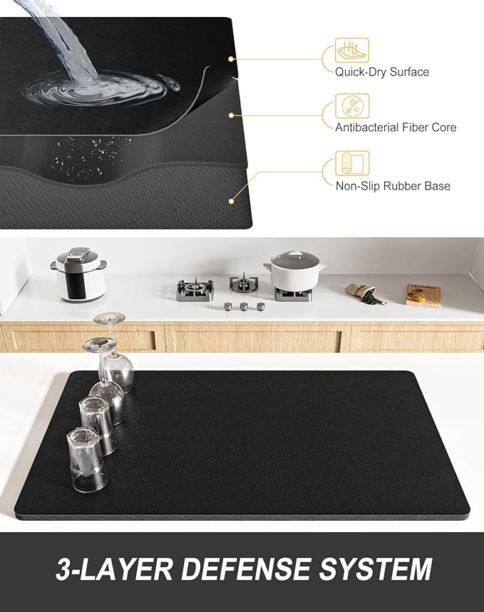 Rnivvi Dish Drying Mat for Kitchen Counter, XL 15 x 24" Super Absorbent Drainer Pad Easy Clean Dish Rack Pad, Non-Slip Heat Resistant Coffee Bar Mat for Coffee Machine Station Accessories Decor, Black