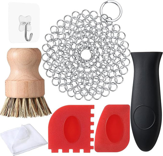 Patelai 7 Pieces Cast Iron Cleaner Set Include Stainless Steel Chainmail Scrubber with Bamboo Dish Scrub Brush Hot Handle Holder 2 Pan Grill Scrapers Kitchen Towel Wall Hook (Classic Color)