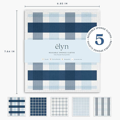 ELYN Swedish Dishcloths, Reusable & Washable Sponge Cloths, Absorbent Cleaning Paper Towels for Kitchen, Dishes, Counters and More, 5 Pack, Assorted Stripe & Plaid