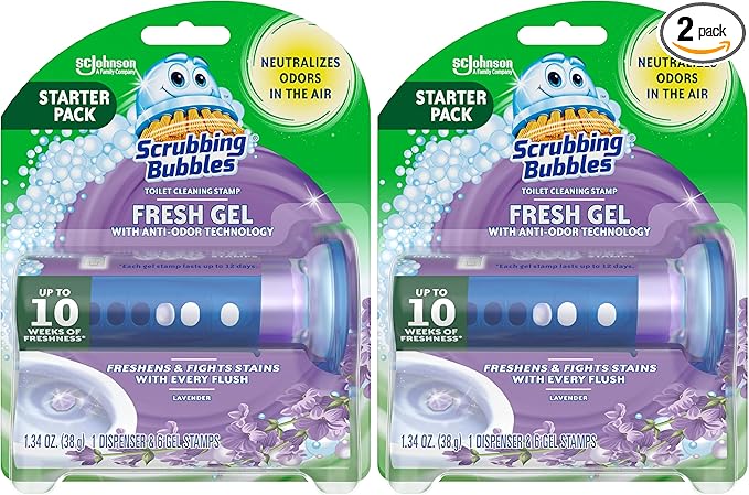 Scrubbing Bubbles Toilet Gel Stamps, Fresh Gel Toilet Cleaning Stamps, Helps Keep Toilet Clean and Helps Prevent Limescale & Toilet Rings, Lavender Scent, 1 Dispenser with 6 Stamps (Pack of 2)