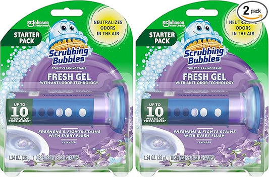 Scrubbing Bubbles Toilet Gel Stamps, Fresh Gel Toilet Cleaning Stamps, Helps Keep Toilet Clean and Helps Prevent Limescale & Toilet Rings, Lavender Scent, 1 Dispenser with 6 Stamps (Pack of 2)