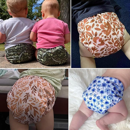 Mama Koala 3.0 Cloth Diapers for Babies with Suede Cloth Lining, 6 Pack with 6 Natural Diaper Inserts - Reusable Pocket Diapers (Neutral Leaves)