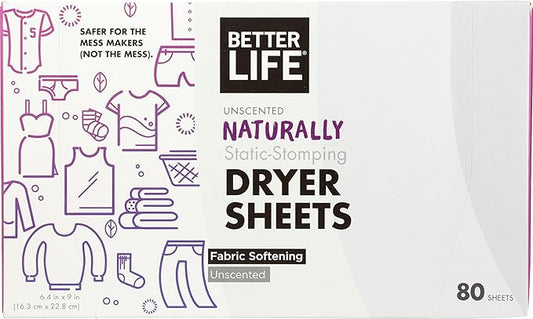 Better Life Natural Dryer Sheets, Unscented, 80 Count